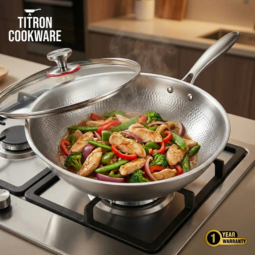 Titanium Wok Pan Flat Bottomed + FREE LID