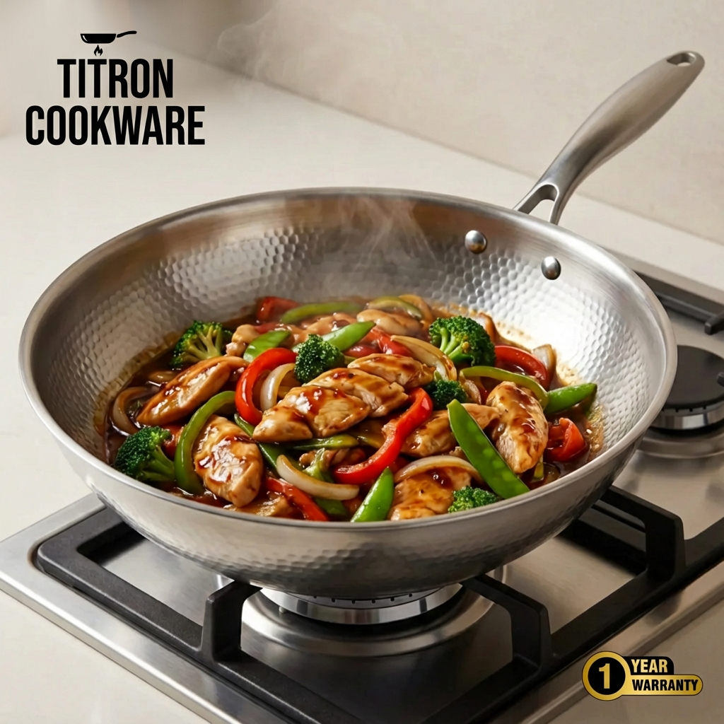 Titanium Wok Pan Flat Bottomed + FREE LID